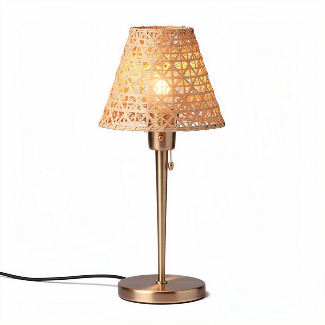 Lampa stołowa z wiklinowym abażurem o wymiarach 30 x 30 x 50cm w kolorze złotym